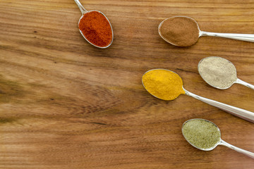 Various colorful spices arranged on spoons