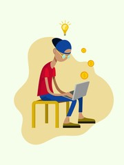 Teenager in a cap sits at a laptop. Vector illustration. Idea. Brainchild. Money.