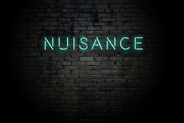 Highlighted brick wall with neon inscription nuisance