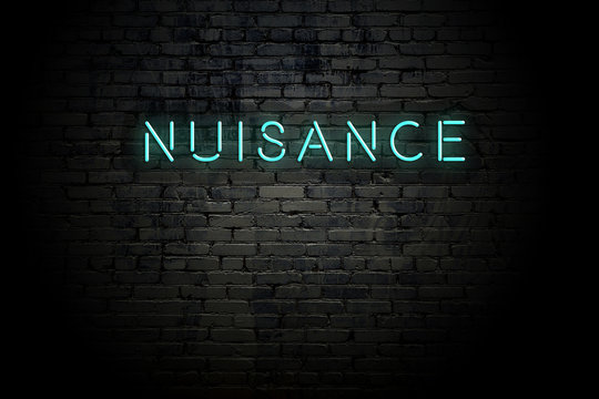 Highlighted brick wall with neon inscription nuisance