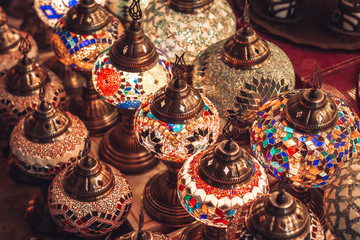 Shop with traditional mosaic multi colored turkish lamps or lanterns. Popular souvenir from Turkey....