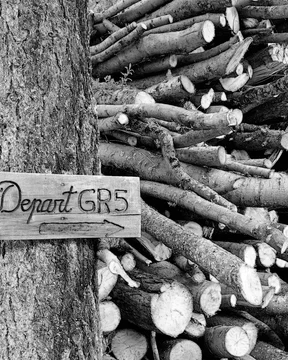 Panneau indicateur du départ du GR5 devant un tas de bois
