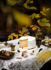 beautiful outdoor still life with naked biscuit multi layered naked cake with white cream stands on table with beige tablecloth, brass vintage plates, cups in autumn garden