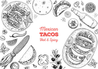 Tacos cooking and ingredients for tacos, sketch illustration. Mexican cuisine frame. Fast food menu design elements. Tacos hand drawn frame. Mexican food. - obrazy, fototapety, plakaty