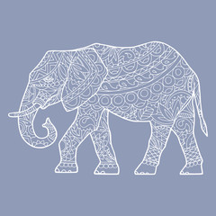 Vector illustration of the festive elephant. The picture is drawn with a pencil. An adult elephant in the ethnos style with ornaments and patterns of grey and white color.