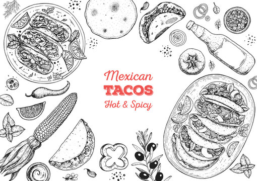 Tacos cooking and ingredients for tacos, sketch illustration. Mexican cuisine frame. Fast food menu design elements. Tacos hand drawn frame. Mexican food.