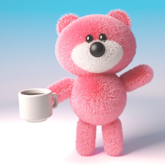 3d pink teddy bear character with fluffy fur drinking a cup of coffee, 3d illustration