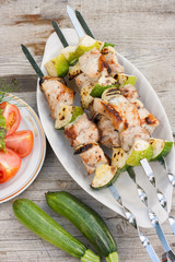 Shish kebab with vegetables. Grill meat and vegetables