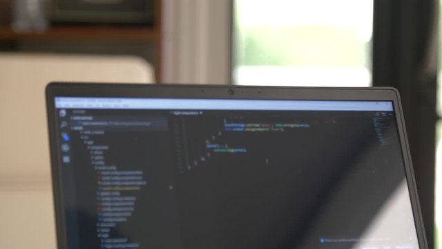 Freelance programmer or developer working at home and display source code on laptop computer