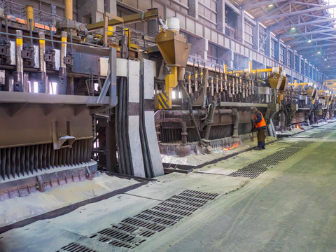 Aluminum plant. aluminum smelting bucket. Safe environmental high-tech processes. Modern smelter. Melting furnace