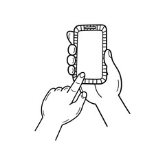 Hand drawn Female Hand holding a Phone isolated on a white. Sketch. Vector illustration.
