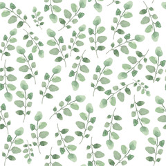 Background from a pattern of watercolor green leaves on a white background. Background for invitations to holidays, birthdays and weddings