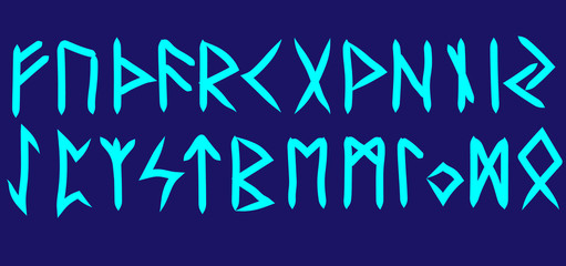 Scandinavian runes blue letters on dark background.