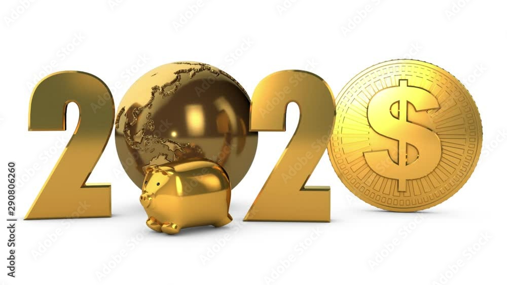 Aufkleber 3d animation of the gold coin of the american dollar and the golden planet earth. objects together w