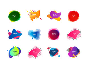 Multicolored badges set. Dynamical abstract figures. Trendy minimal templates for presentations, banners, flyers and logos. Vector illustration