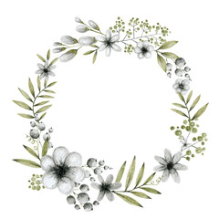 Fototapeta premium green and gray leaves branches and flowers, freehand drawing in pencil illustration, round frame template for design and logo of the invitation wedding, background