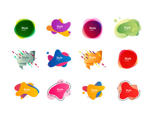 Futuristic colorful abstract elements set. Gradient polygon and blob shapes with sample text. Trendy minimal templates for presentations, banners, posters and flyers. Vector illustration