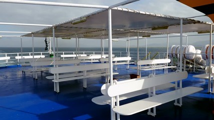 Empty deck of the ferry sailing the Ionian sea. Greece. 4K