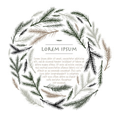 Vector christmas wreath with softwood hand drawn circle background with tree for greeting cards