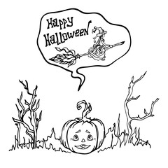 Halloween Autumn Holiday sketch, funny and scary pumpkin head that dreams of a witch flying on a broomstick across the sky on Halloween holiday
