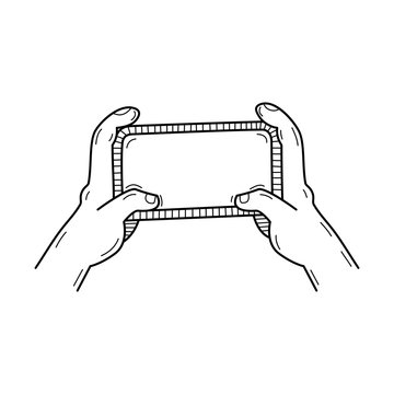 Hand drawn Two Hands hold a Phone isolated on a white. Sketch. Vector illustration.