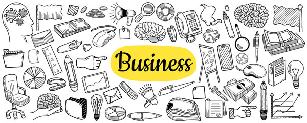 Business idea doodles icons set.  Hand sketched vector elements for landing page websites, banners, presentations, backgrounds, posters, blogs and social networks. Vector illustration.