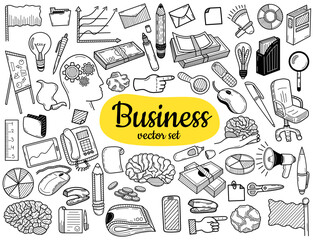Business idea doodles icons set.  Hand sketched vector elements for landing page websites, banners, presentations, backgrounds, posters, blogs and social networks. Vector illustration. © Art Alex
