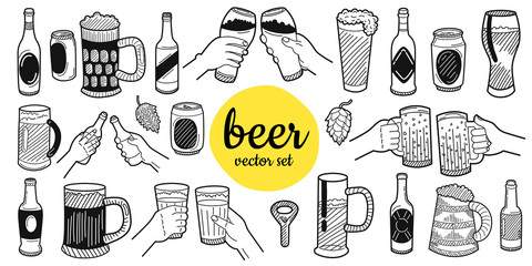 Hand drawn beer elements. Set for menu decoration, websites, banners, presentations, backgrounds, posters, blogs and social networks. Vector illustration.
