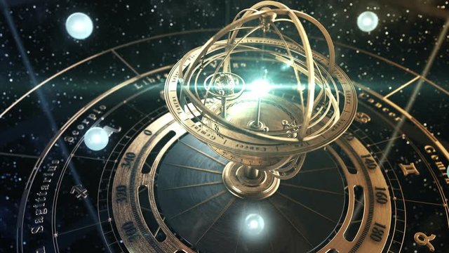 4K. Armillary Sphere And Zodiac Astrology Signs On Background Of Starry Sky. 3D Animation. Ultra High Definition. 3840x2160.