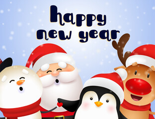 New Year postcard design with cute Santa, reindeer, penguin and snowman singing and having fun on blue background. Vector illustration for Christmas posters, greeting and invitation card templates