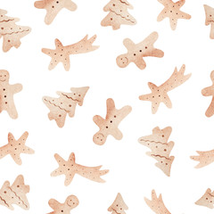 Seamless pattern of watercolor Christmas gingerbread cookies.