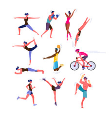 Fototapeta na wymiar Set of men and women doing sports. Group of people doing different sports. Sport concept. Vector illustration can be used for presentation, project, webpage
