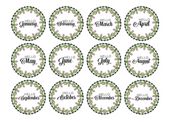 flower form with month names: December, January, February, March, April, May, June, July, August September October November Calligraphy words for calendar and organizer Vector illustration