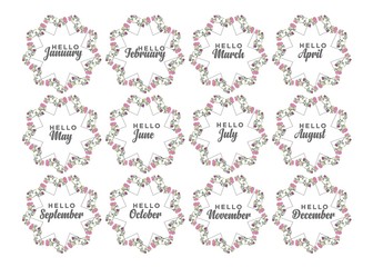 flower form with month names: December, January, February, March, April, May, June, July, August September October November Calligraphy words for calendar and organizer Vector illustration