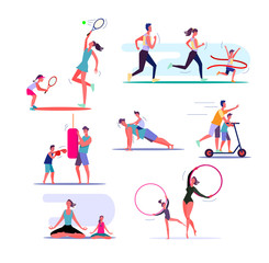 Fototapeta na wymiar Set of families exercising. Parents and children doing different sports together. Healthy family concept. Vector illustration can be used for presentation, project, webpage