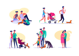 Fototapeta na wymiar Set of happy families. Parents and children enjoying time together. Happy family concept. Vector illustration can be used for presentation, project, webpage