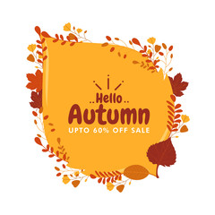Autumn sale background decorated with autumn leaves and acorns and mushrooms for shopping sale or poster and frame leaflet or web banner.