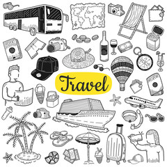 Big collection of travel elements. Tourism and summer concept. Hand drawn sketch isolated on a white. Vintage vector engraving illustration for poster, web.