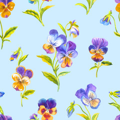 Seamless pattern of pansies on a pale blue background, watercolor illustration, print for fabric and other designs.