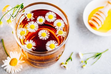 Healthy herbal tea with fresh chamomile flowers in glass cup