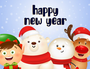 New Year postcard design with cartoon reindeer, elf, snowman and polar bear holding gifts on blue background. Vector illustration for Christmas posters, greeting and invitation card templates
