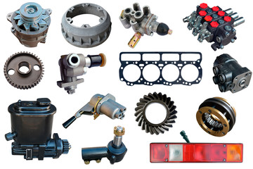 Auto spare parts car on the white background. Set with many isolated items for shop or aftermarket