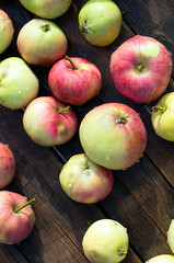 Fresh red apples on wooden background.