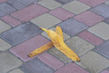 Banana peel was left on the pavement. The danger may slip. If anyone walks on it. Be careful of...