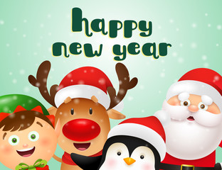 New Year postcard design with funny elf, reindeer, Santa and penguin celebrating on green background with snowfall. Vector illustration for Christmas posters, greeting, party invitation templates