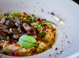 lebanese hummus dish with fresh vegetables, beef meat & pomegranate seeds