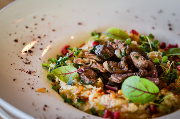 lebanese hummus dish with fresh vegetables, beef meat & pomegranate seeds