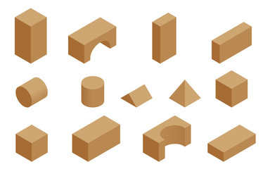 Isometric set of the wooden constructor of small cubes, triangles, balls and other forms isolated on a white background. Playing building blocks toys.