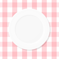White empty plate on pink checkered tablecloth. Top view. Vector illustration, flat design