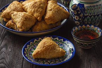 Puff pastries with meat (samosa) - traditional uzbek and indian pasrty. 
